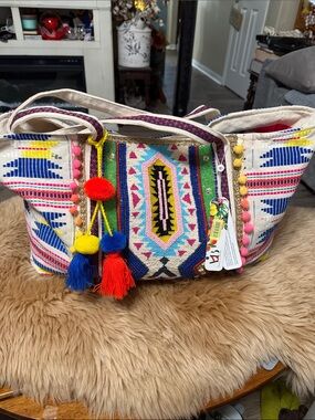 America & Beyond Beaded & Pom Pom Colorful Tote NWT